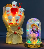 Size Özel Renkli Led Işıklı Fanus ve Led Işıklı Ayıcık Buketi Hediye Seti (Model 2)
