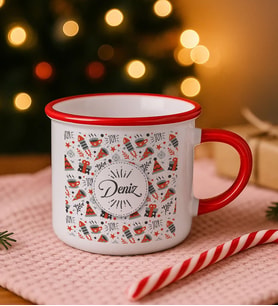 BK Gift Kişiye Özel İsimli Yılbaşı Tasarımlı Kırmızı Emaye Kupa Bardak -11, Arkadaşa Hediye, Yeni Yıl Hediyesi