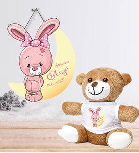 Kişiye Özel Bebek Kapı Süsü ve Peluş Ayıcık Seti – Baby Shower / Hastane Odası