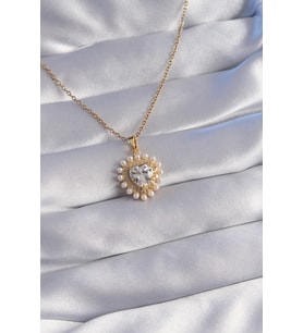 316L Çelik Zincir Gold Renk İncili Zirkon Taşlı Kalp Tasarımlı Kolye 5886 - GLST5833-9103