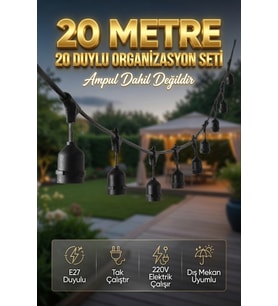 20 Metre 20 Duy Organizasyon Seti E27 Dış Mekan Uyumlu 220V Bahçe Teras Festoon Ampulsüz