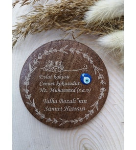 Sünnet Magnet Yuvarlak Ahşap Üzeri Nazar Boncuklu Magnet - Nikah Şekeri - Nişan Şekeri - Söz Şekeri - Düğün Magnet - Nişan Magnet - Söz Magnet - Yenidoğan Magnet - Doğum Magnet - Yaş Magnet 7cm