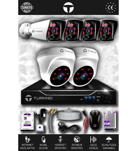 TURKNO 6 Kameralı Karia 2 İç Kamera Set 320 GB HDD Full HD Gece Görüşlü Güvenlik Kamerası Sistemi