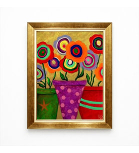 Tablore Renkli Pop Art Çiçekler Altın Çerçeveli Kanvas Tablo Salon Oturma Odası Duvar Dekorasyonu
