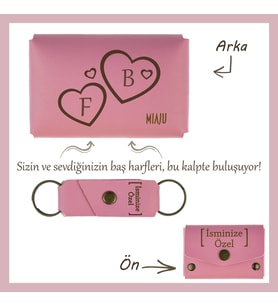 Pembe, İki Kalp, İki Harf, Bir Aşk! İsme Özel Cüzdan & Anahtarlık Set, Sevgilinize Aşkınızı Gösterin