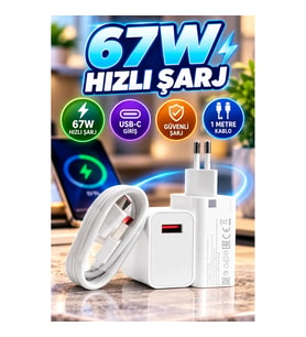 Beyaz Ultra Plus 67W Hızlı Şarj Seti USB-C Adaptör ve 1 Metre Kablo