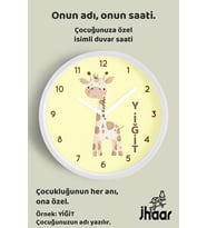 İsme Özel Sevimli Zürafa Çocuk Odası Duvar Saati Orta Boy 30 cm Beyaz Camlı Sessiz
