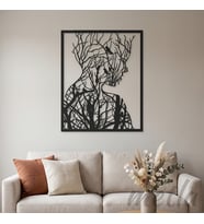 Metla Metal Ağaç ve Kuşlu İnsan Çerçeveli Metal Tablo Mat Siyah Doğa Temalı Duvar Dekoru ve Hediye