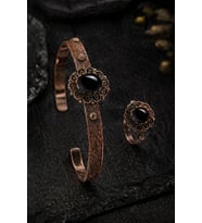 Kadın Bakır Bileklik Yüzük Set Doğal Siyah Oniks Taşlı Otantik Model Set