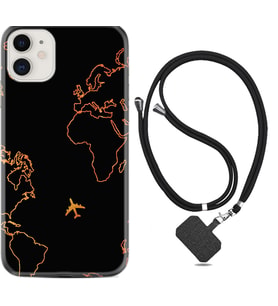 Apple iPhone 11 12 13 Mini Kılıf Boyun Askılı Silikon Harita ve Uçak 1777