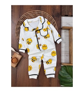 VaVbaby %100 Pamuk Kruvaze Yaka Önden Düğmeli Tweety Mevsimlik Bebek Pijama Takım (Ay)
