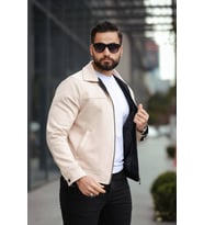 Basic Old Money Polo Yaka Astarlı Süet Ceket (Krem)