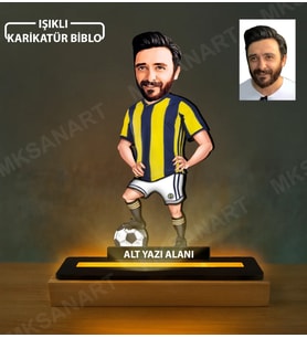 Fotoğraftan Kişiye Özel Sarı Lacivert Erkek Taraftar Karikatürlü 14 cm MDF Işıklı Biblo - Futbol Temalı Hediye Futbol Severlere ve Spor Tutkunlarına Hediye