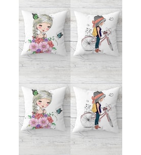 Bisikletli Kedili Çiçekli Genç Kız Gizli Fermuarlı Kırlent Kılıfı Koltuk Yastık Kılıfı Takım(4ADET) (Mor-Pembe)