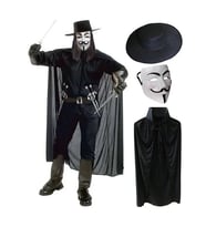 V For Vendetta Maskesi Şapkası ve Pelerin Kostüm Seti Yetişkin Boy