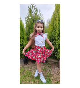 MODAVALS DANTELLİ KOLYELİ ÇİÇEK DESENLİ KIZ ÇOCUK ETEKLİ KOMBİN - KIRMIZI