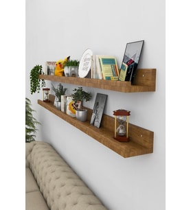 Açık Ceviz 2 Li 120cm Çam Ahşap Resim Çerçeve Rafı Duvar Rafı Kitaplık Çiçeklik Uçan Raf