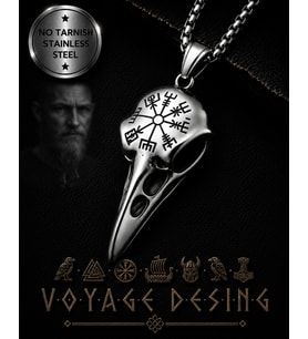 Viking Vegvisir Runik Sembollü Kuzgun Kafatası Çelik Kolye