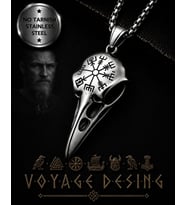 Viking Vegvisir Runik Sembollü Kuzgun Kafatası Çelik Kolye