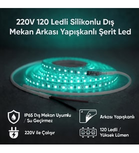 220V 120 LED Dış Mekan Şerit LED Turkuaz Işık Arkası Yapışkanlı Suya Dayanıklı Dekoratif Aydınlatma