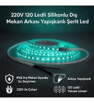 220V 120 LED Dış Mekan Şerit LED Turkuaz Işık Arkası Yapışkanlı Suya Dayanıklı Dekoratif Aydınlatma