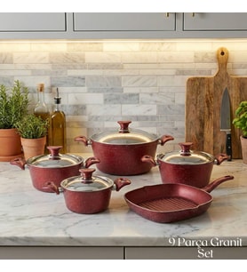 ARZU ÇELİK 9 Parça Granit Set Çelik Kapak - Kırmızı