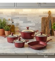 ARZU ÇELİK 9 Parça Granit Set Çelik Kapak - Kırmızı