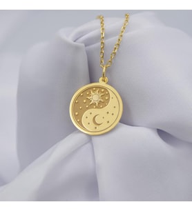 Kişiye Özel 925 Ayar Gümüş Tasarım Güneş Ay Yin Yang Kolye (Gold)