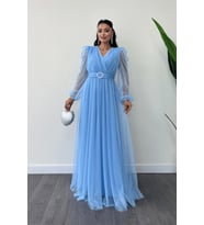Tül Kumaş Kruvaze Yaka Maxi Elbise - BEBE MAVİSİ