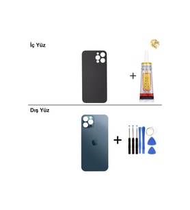 iPhone 12 pro max Mavi Arka Kapak Arka Cam Batarya Kapağı Lazer Kesim Kapak Pil Kapağı + B-7000 Yapıştırıcı + Tamir Seti