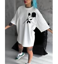 Unisex Bisiklet Yaka Baskılı Oversize T-Shirt - Beyaz
