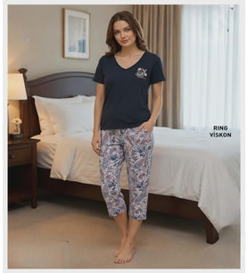 Mihra Kadın Viskon V Yaka Kısa Kol KAPRİ Likralı Pijama Takımı 40111L - 1 Adet