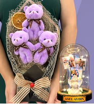 Sizlere Özel Led Işıklı Fanus ve Büyük Boy Mor Peluş Ayıcık Buketi - Premium Hediye Seti (Model 2)