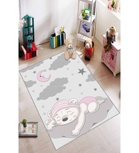 Pembe Kaymaz Tabanlı Yıkanabilir Ayıcıklı Bebek Halısı AR356