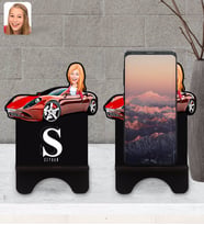 BK Gift Kişiye Özel Plakalı Kadın Ferrari 458 Karikatürlü Ahşap Biblo Telefon Standı-1