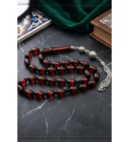 Surmeli Sıkma Kehribar Taşlı Arpa Kesim Tesbih 925 Ayar Gümüş Püsküllü 12*8 mm 902775