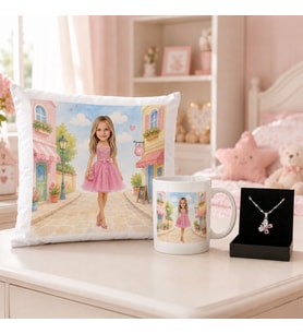 BK Gift Kişiye Özel Karikatürlü Oyuncak Bebek Tasarımlı Kırlent Yastık & Beyaz Kupa & Kolye -9 Kız Çocuklarına Özel Hediye Seti