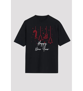 Yılbaşı Happy New Year Baskılı Kısa Kollu Oversize Bisiklet Yaka T-shirt - Siyah