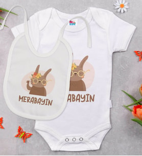 BK Kids Merabayın Tasarımlı Beyaz Bebek Body Zıbın ve Mama Önlüğü Hediye Seti-1