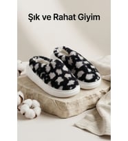 Unisex Ultra Hafif Yumuşak Peluş Kaymaz Taban Anne Çocuk Misafir Gri Kalp Desenli Ev Terliği