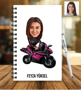 Kişiye Özel Motorcu Kadın Tasarımlı Karikatür Ahşap Defter Ve Kalem Seti 58