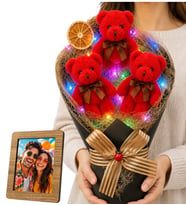 Doğum Günü Hediyesi Kişiye Özel Fotoğraflı Renkli LED Işıklı Peluş Ayıcık Buketi (Kırmızı)