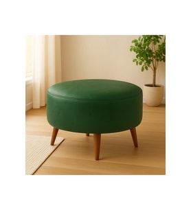 Yeşil Yuvarlak Deri Puf – 60 cm Çap, 46 cm Yükseklik