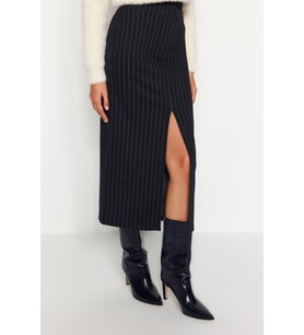 Moda Regular Düz Desen Resmi Midi Boy Çizgili Yırtmaç Detaylı Yüksek Bel Maxi Örme Etek