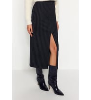 Moda Regular Düz Desen Resmi Midi Boy Çizgili Yırtmaç Detaylı Yüksek Bel Maxi Örme Etek
