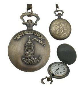 Retro Quartz Galata Kulesi Kabartmalı Zincirli Köstekli Cep Saati Kişiye Özel