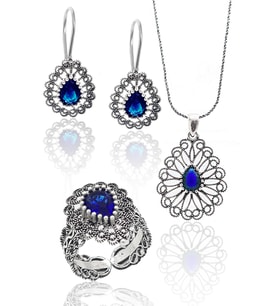 Safir Taşlı Damla Model Kadın 925 Ayar Gümüş Telkari Üçlü Set 201023144