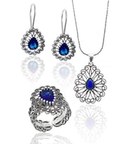 Safir Taşlı Damla Model Kadın 925 Ayar Gümüş Telkari Üçlü Set 201023144