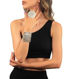 Kadın Antik Gümüş Kaplama Ayarlanabilir Geniş Band Kabartma Dokulu Geometrik  Model Bileklik & Yüzük Set