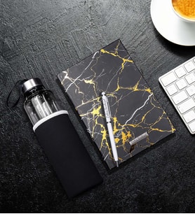 Kişiye Özel Beyaz Touch Pen & Siyah Mermer Desen Defter & Özel Kılıflı 500Ml Cam Matara Hediye Seti